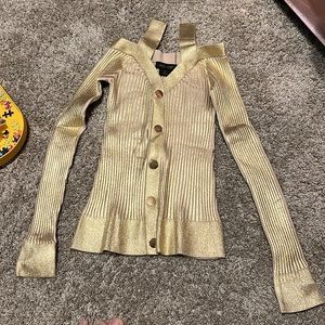 NIB AS by DF Gold Long Sleeve Cold Shoulder Cara Knit Top Size Small